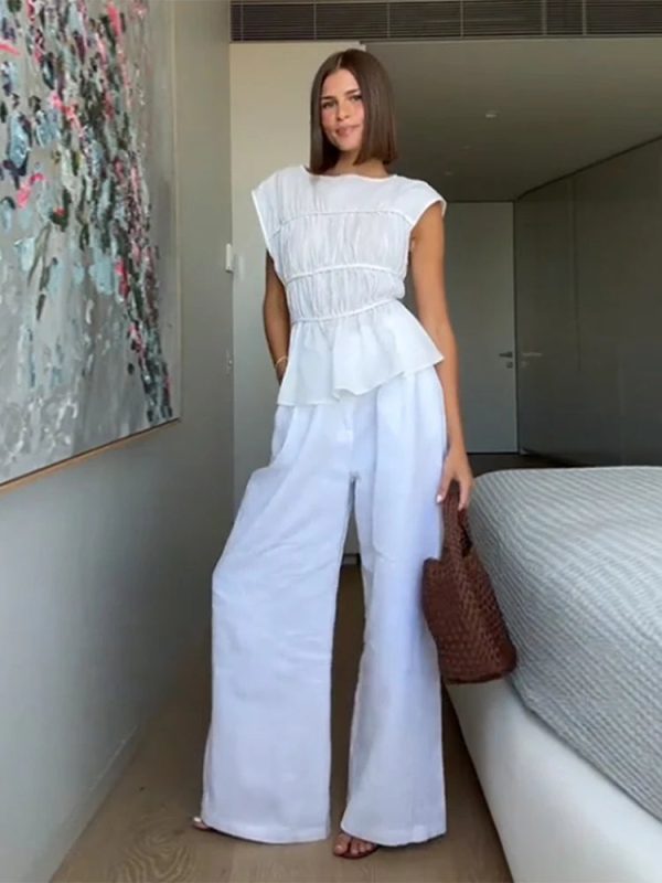 2pcs Solid Sleeveless Top With High Waist Pleated Pants Loose Outfit Online now