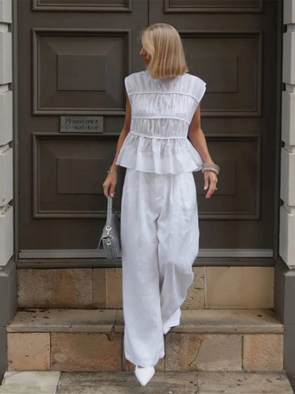 2pcs Solid Sleeveless Top With High Waist Pleated Pants Loose Outfit Online now - Image 3