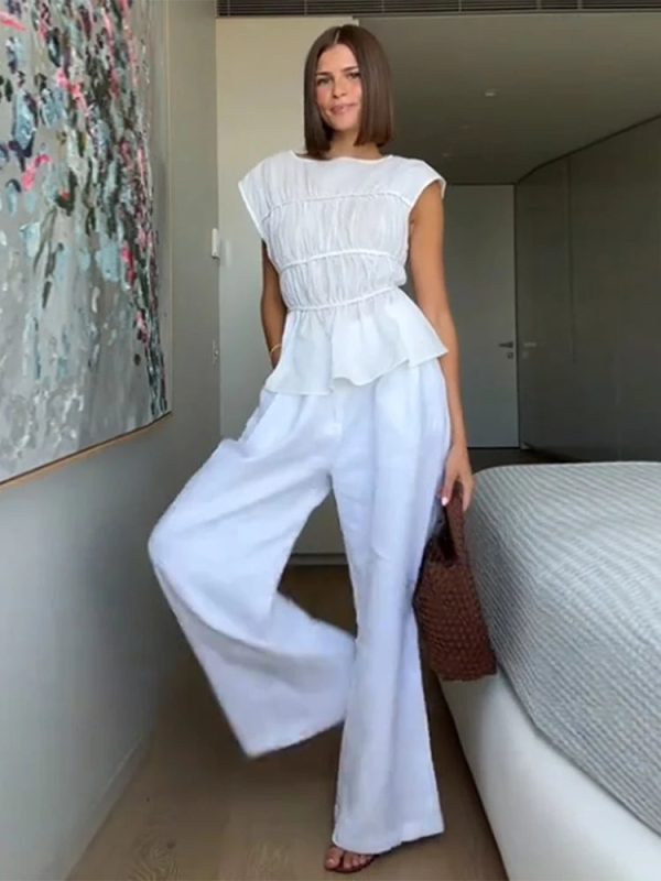 2pcs Solid Sleeveless Top With High Waist Pleated Pants Loose Outfit Online now - Image 2